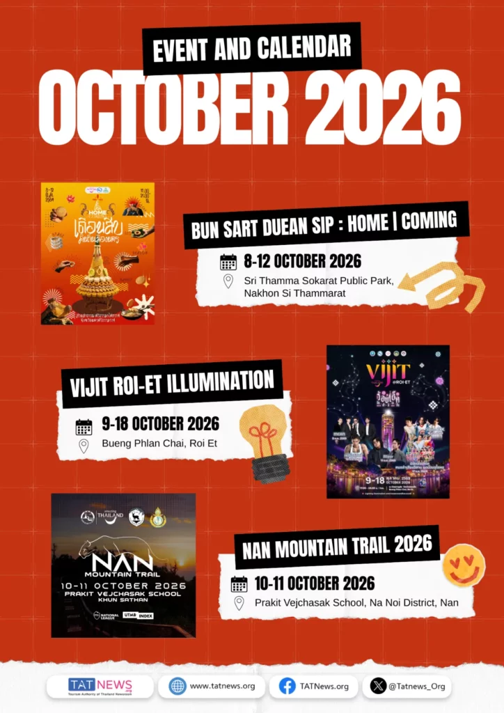 Affiche d’octobre 2026 présentant Bun Sart Duean Sip à Nakhon Si Thammarat, Vijit Roi-Et Illumination à Roi Et et Nan Mountain Trail à Nan.