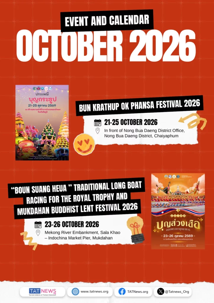 Affiche d’octobre 2026 présentant le festival Bun Krathup Ok Phansa à Chaiyaphum et les courses de pirogues et célébrations bouddhistes de Mukdahan.