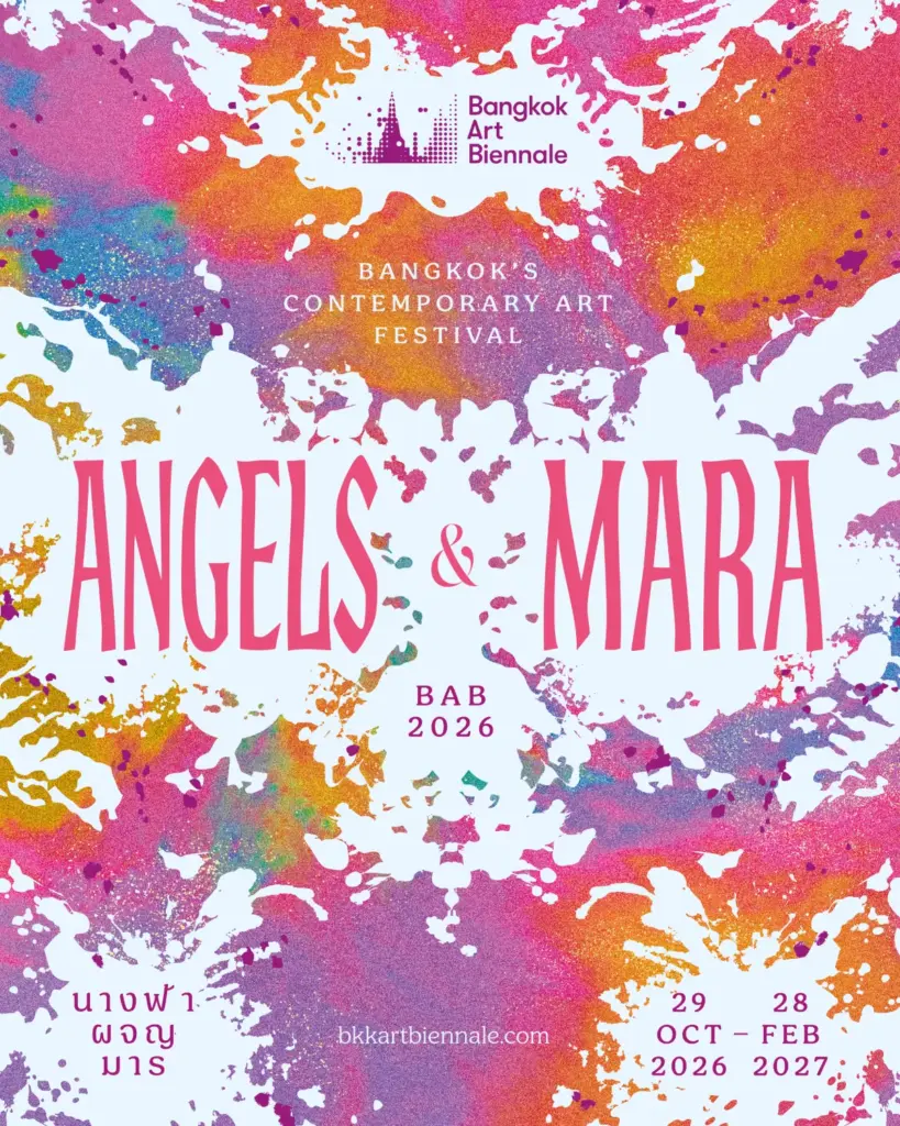 Kleurrijke festivalposter van Bangkok Art Biennale 2026 met het thema Angels & Mara en de data van 29 oktober 2026 tot 28 februari 2027.