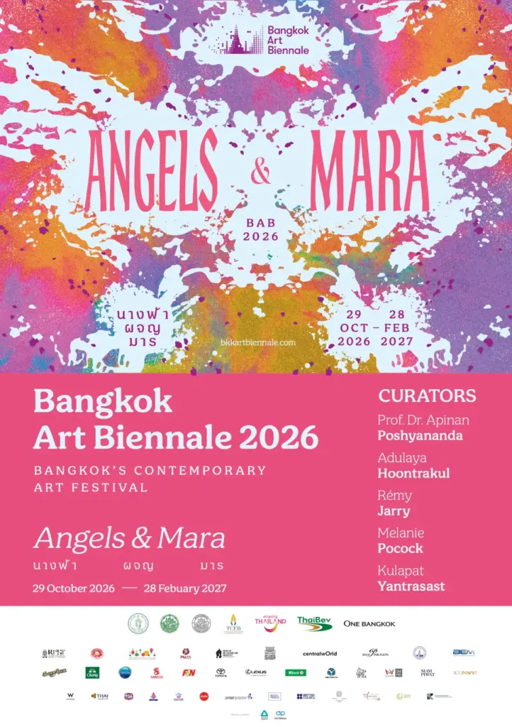 Roze presentatieposter van Bangkok Art Biennale 2026 met het thema Angels & Mara, de festivaldata, het curatorenteam en de partnerlogo's.