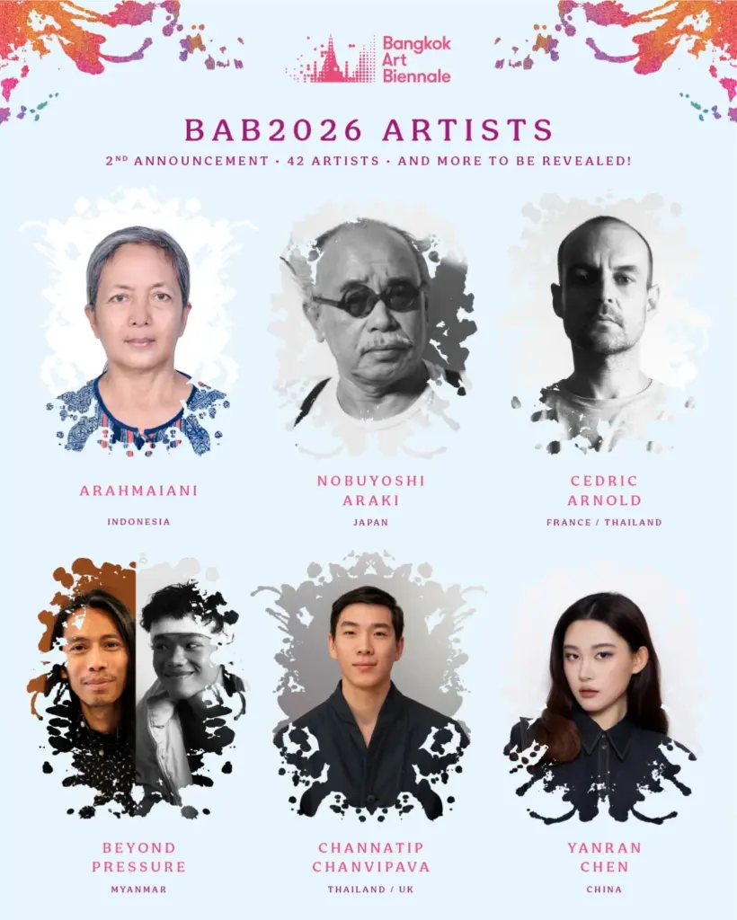 Zes portretten van kunstenaars van Bangkok Art Biennale 2026, waaronder Arahmaiani, Nobuyoshi Araki en Cedric Arnold.