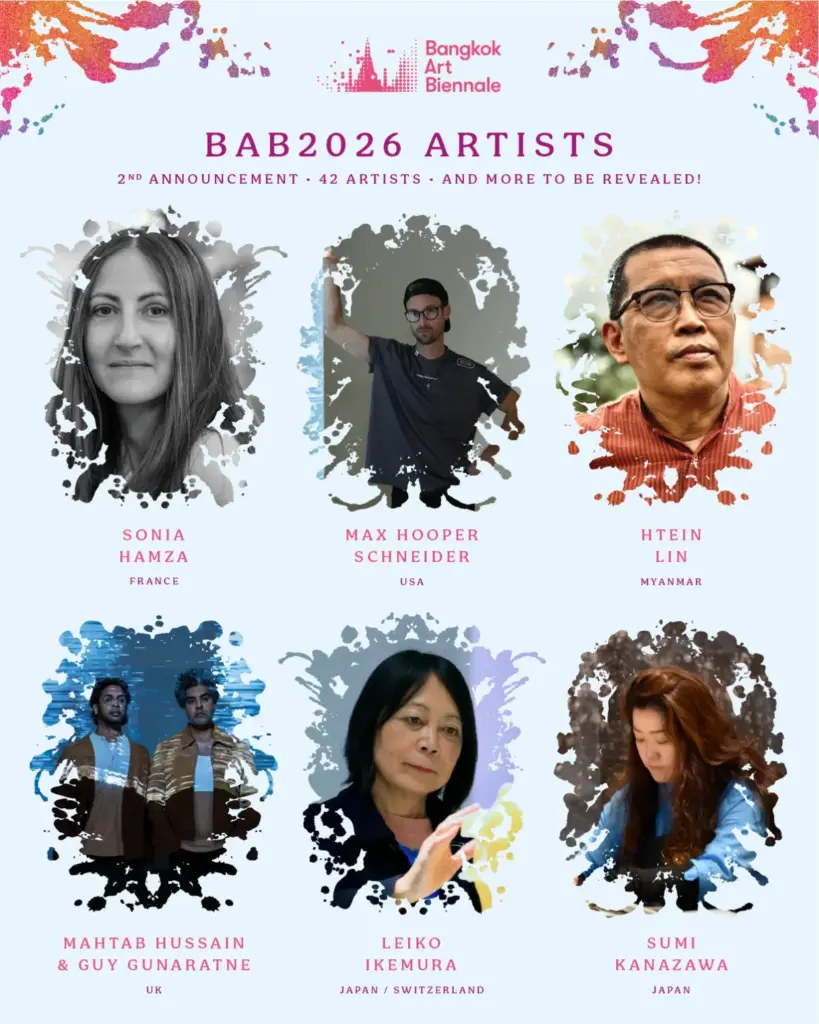 Zes kunstenaarsportretten van Bangkok Art Biennale 2026, waaronder Sonia Hamza, Leiko Ikemura en Sumi Kanazawa.